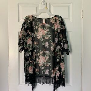 No Boundaries Boho Black Pink Rise Floral Pattern Fringe Kimono Sz Large
